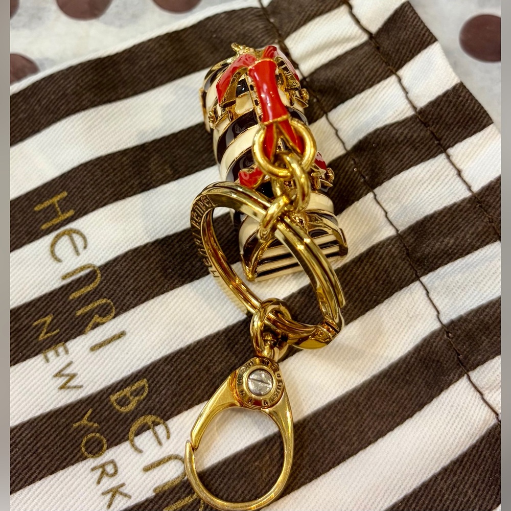 NWOT HENRI BENDEL Gold & Brown Stripe Mini Bag Keychain with Red Handle - Picture 6 of 14